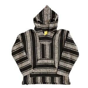 Frank's Baja Hoodie Pullover Mens Medium Black Grey Striped Jerga Drug Rug